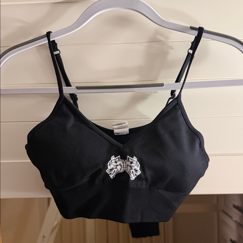 Black Padded Sports Bra with Double Wolf Patch